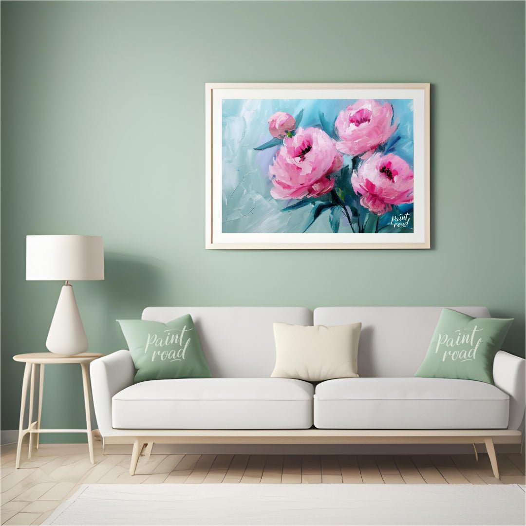This ethereal painting captures the delicate beauty of pink peonies against a serene blue backdrop.… for living room