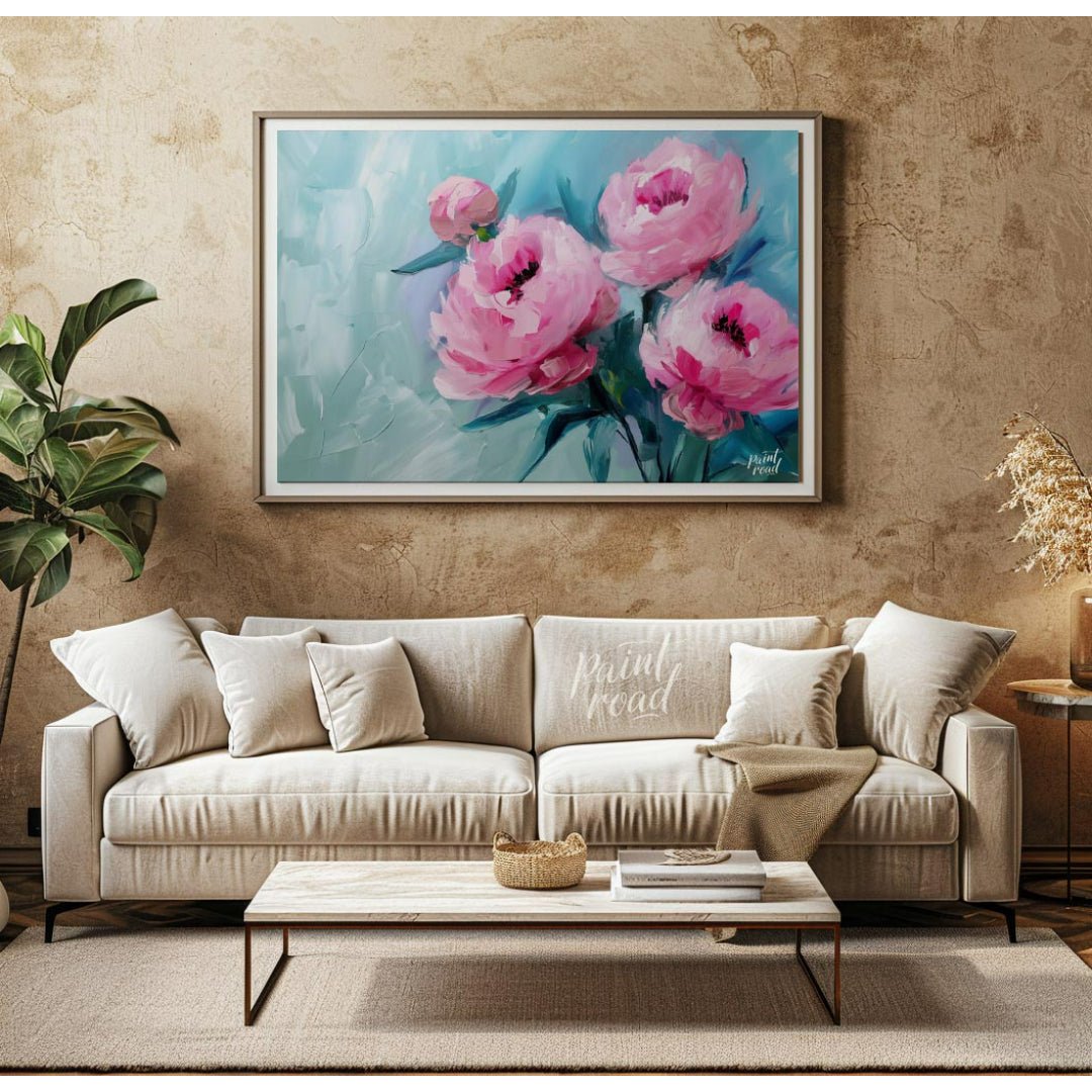 This ethereal painting captures the delicate beauty of pink peonies against a serene blue backdrop.… for living room