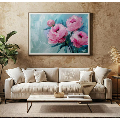 This ethereal painting captures the delicate beauty of pink peonies against a serene blue backdrop.… for living room