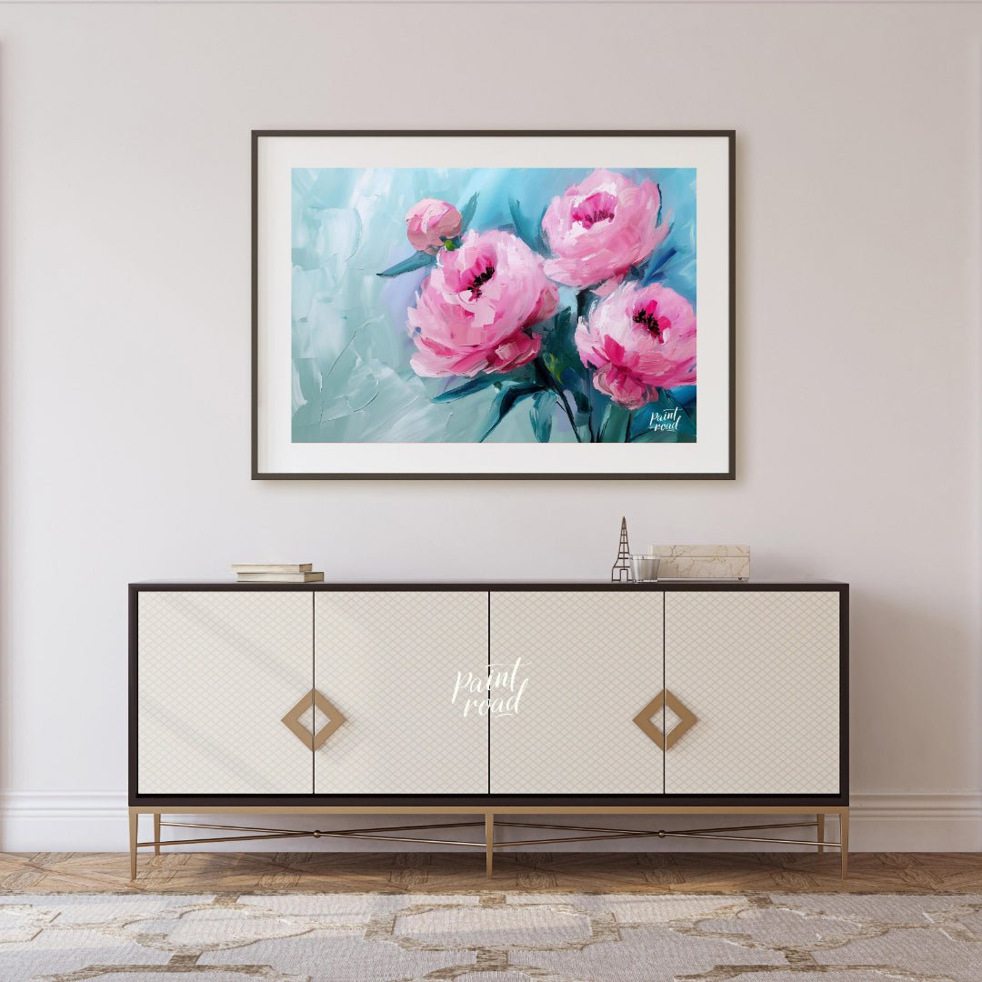 This ethereal painting captures the delicate beauty of pink peonies against a serene blue backdrop.… for living room