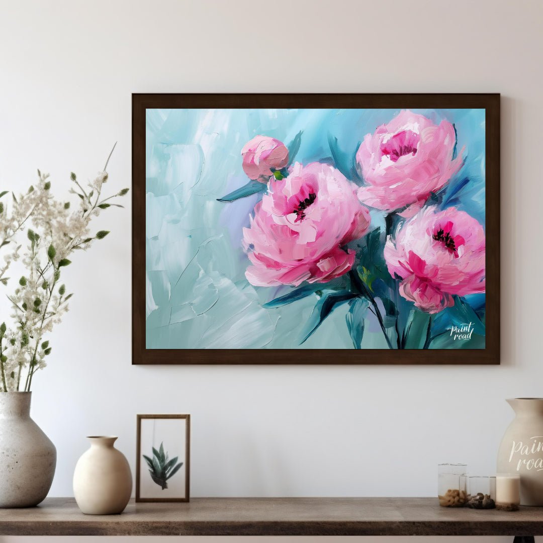 This ethereal painting captures the delicate beauty of pink peonies against a serene blue backdrop.… for living room