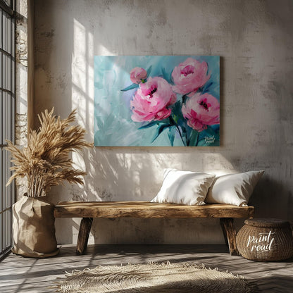 This ethereal painting captures the delicate beauty of pink peonies against a serene blue backdrop.… for living room