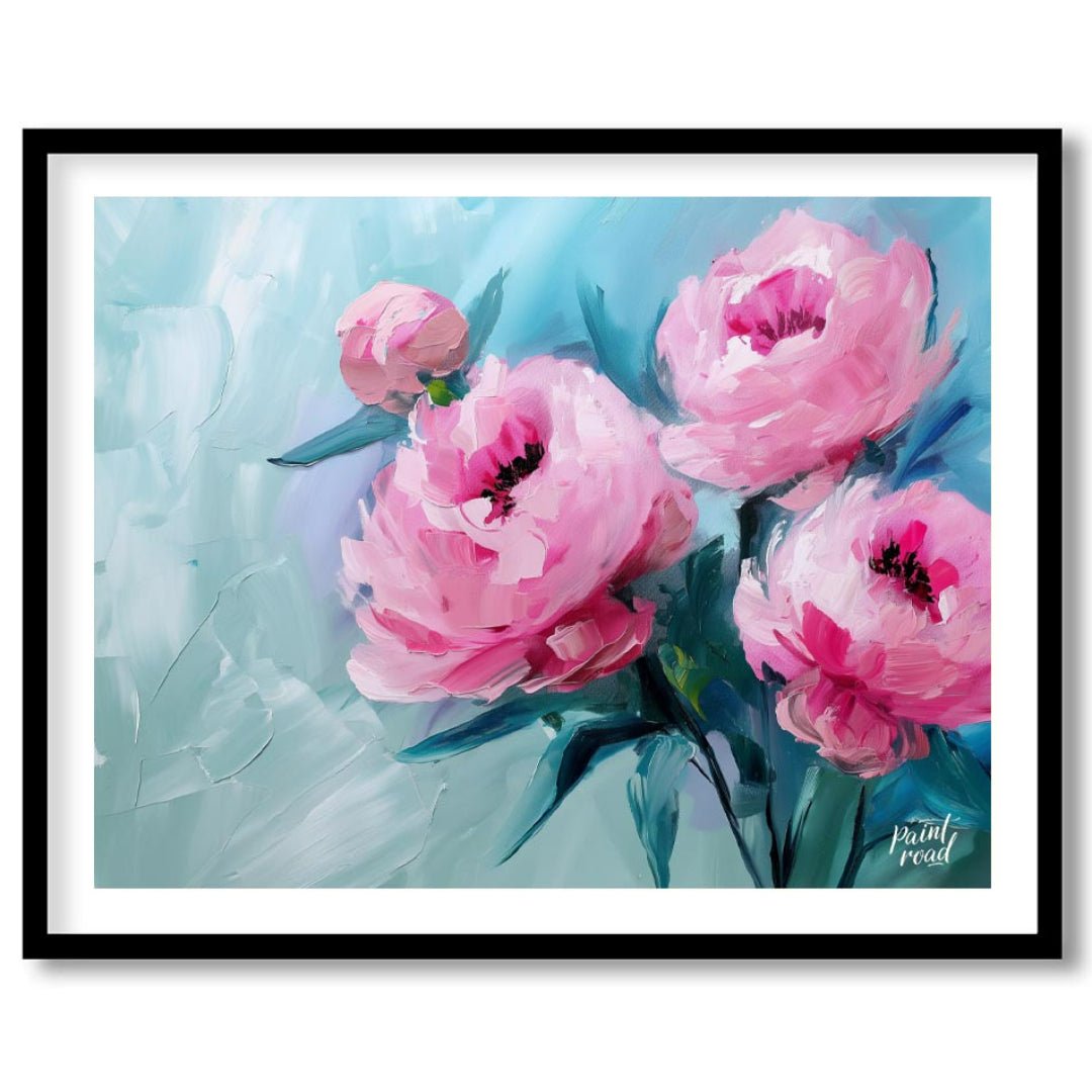 This ethereal painting captures the delicate beauty of pink peonies against a serene blue backdrop.… for room
