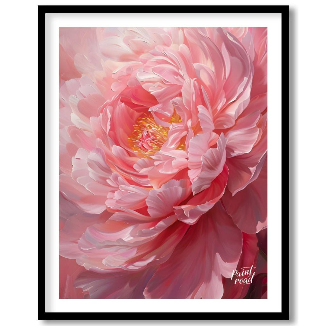 This close-up painting captures the delicate beauty of a blooming peony, bathed in a soft, diffused… for area