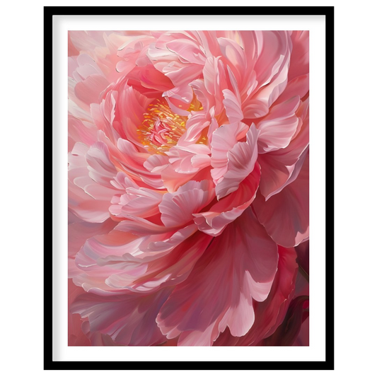 This close-up painting captures the delicate beauty of a blooming peony, bathed in a soft, diffused… for area