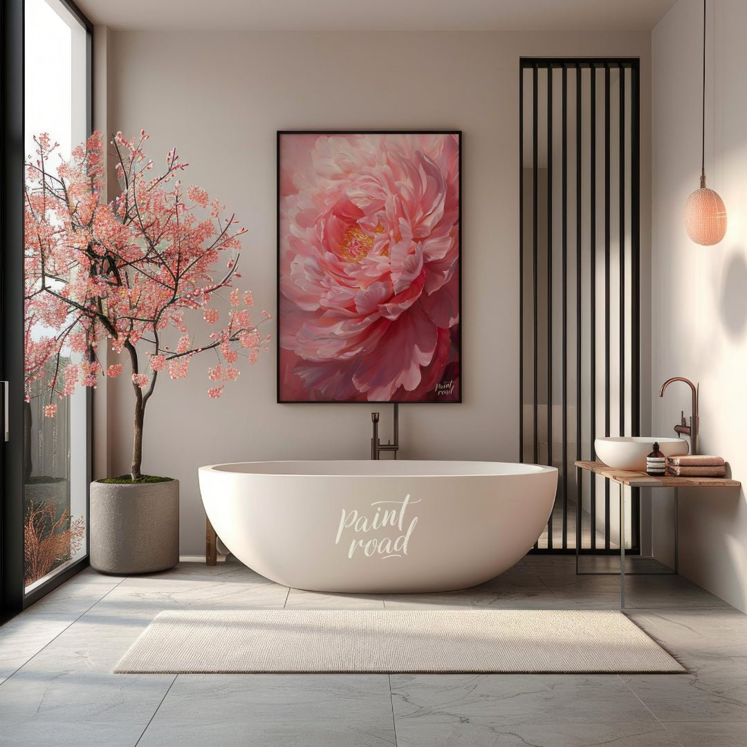 This close-up painting captures the delicate beauty of a blooming peony, bathed in a soft, diffused… for bathroom