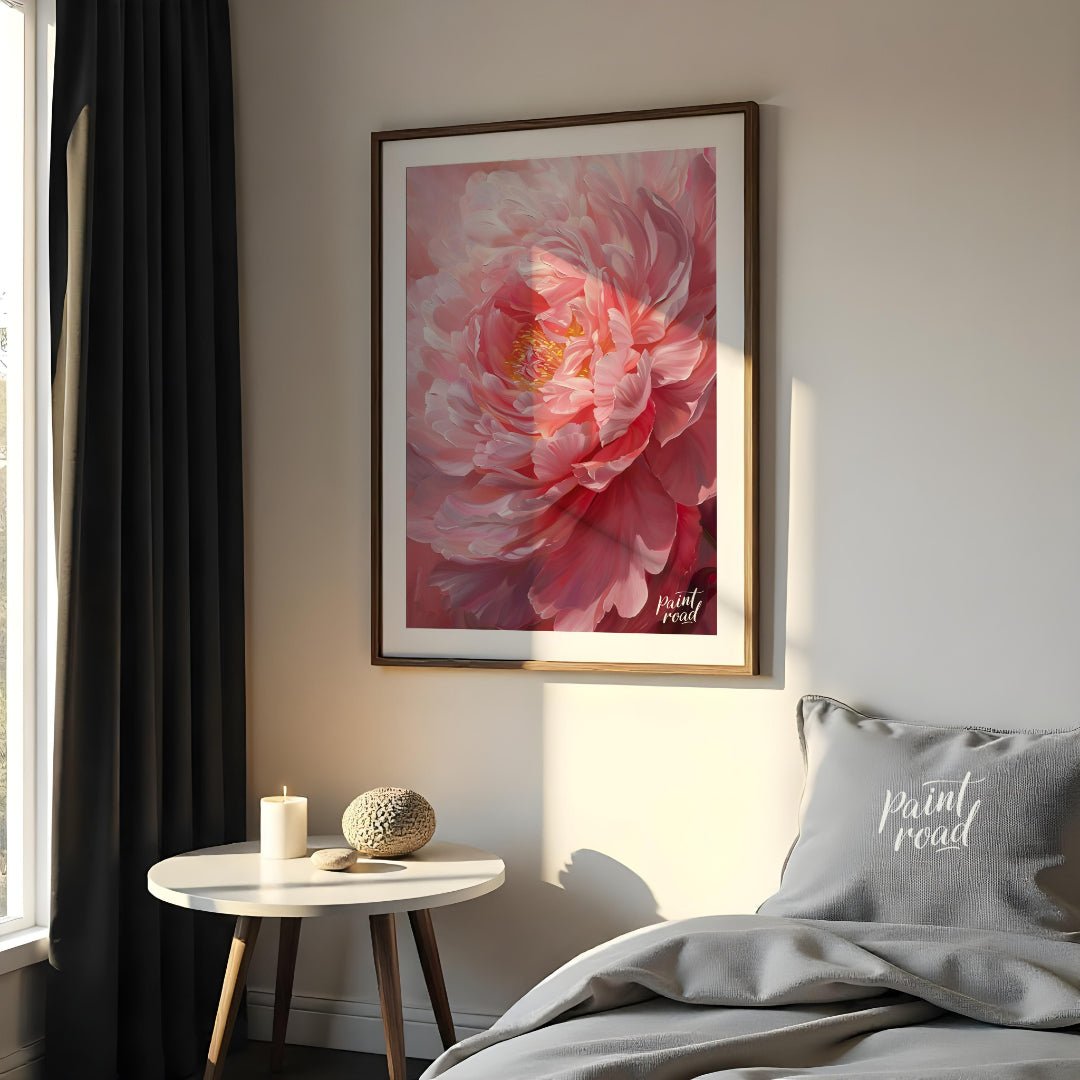 This close-up painting captures the delicate beauty of a blooming peony, bathed in a soft, diffused… for bedroom