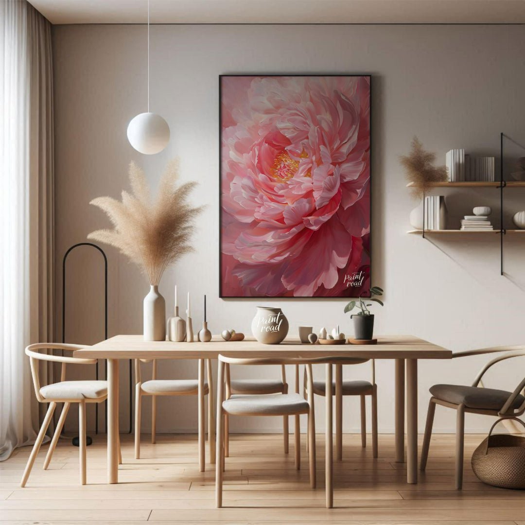 This close-up painting captures the delicate beauty of a blooming peony, bathed in a soft, diffused… for dining room