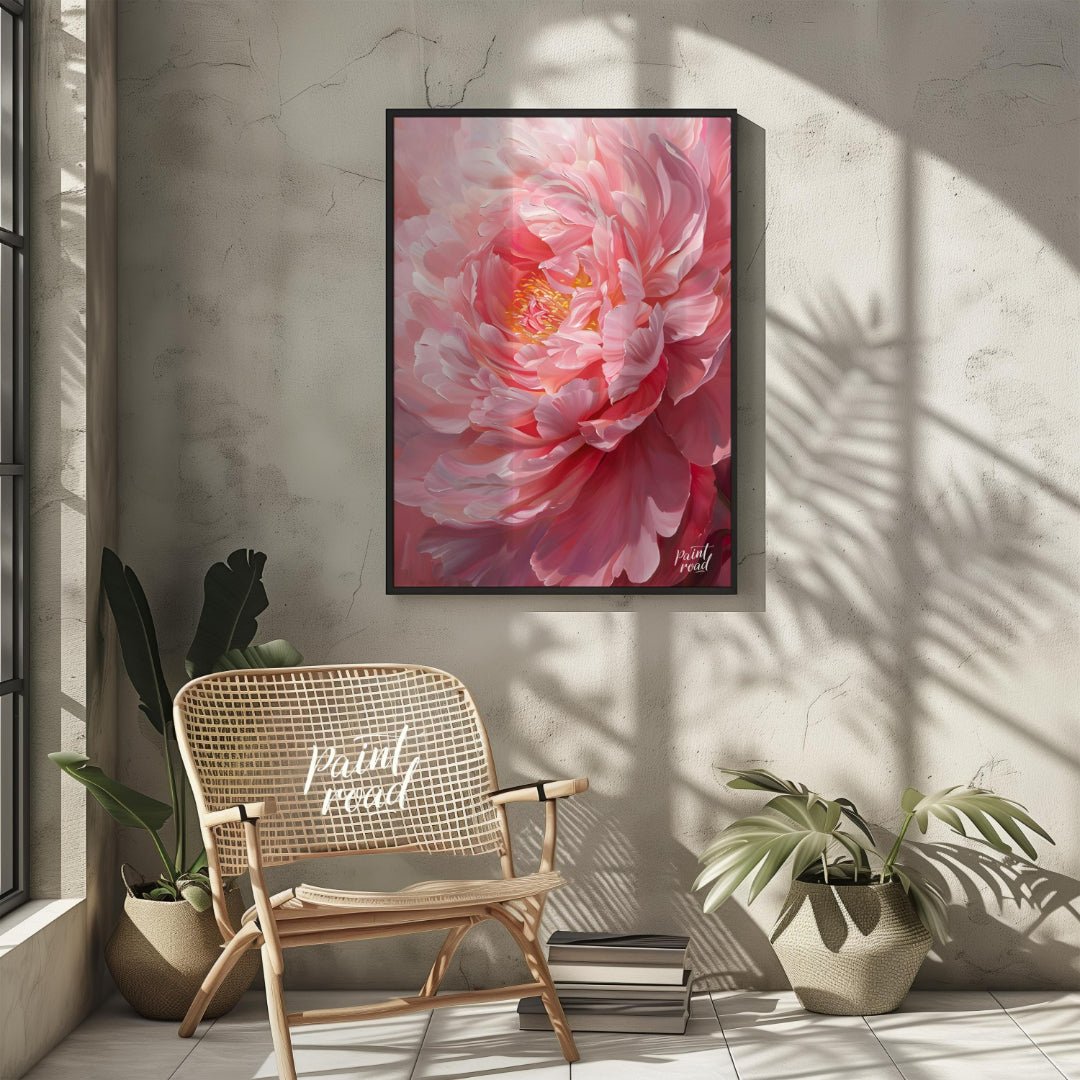 This close-up painting captures the delicate beauty of a blooming peony, bathed in a soft, diffused… for living room