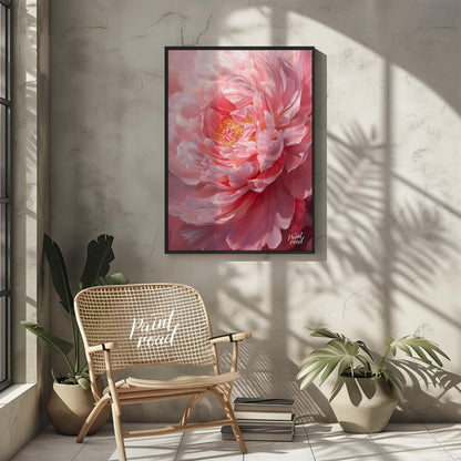 This close-up painting captures the delicate beauty of a blooming peony, bathed in a soft, diffused… for living room