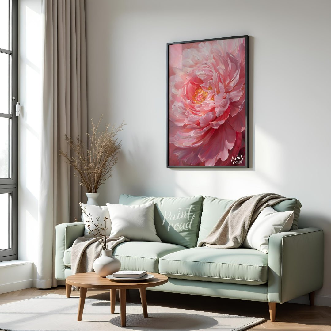 This close-up painting captures the delicate beauty of a blooming peony, bathed in a soft, diffused… for living room