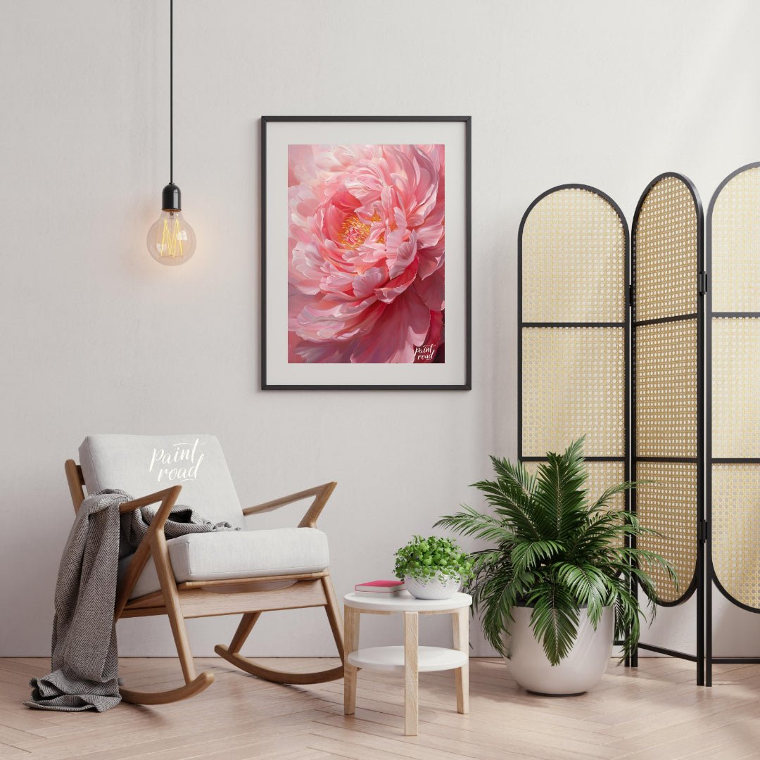 This close-up painting captures the delicate beauty of a blooming peony, bathed in a soft, diffused… for living room