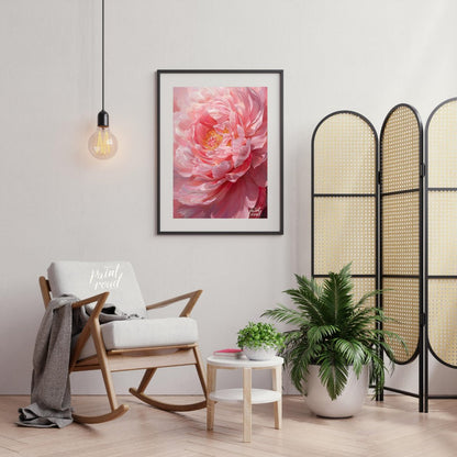 This close-up painting captures the delicate beauty of a blooming peony, bathed in a soft, diffused… for living room