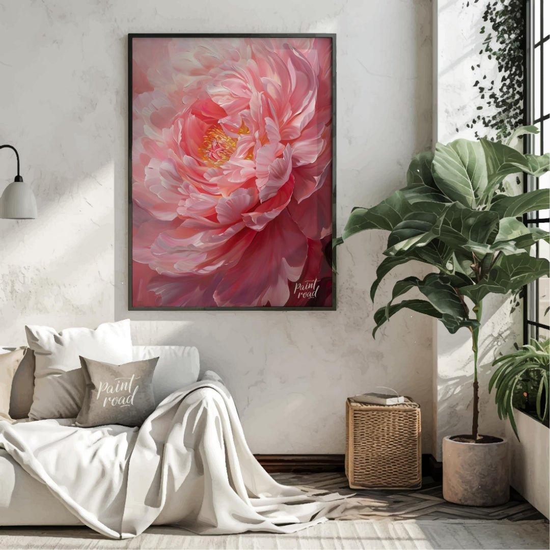 This close-up painting captures the delicate beauty of a blooming peony, bathed in a soft, diffused… for living room