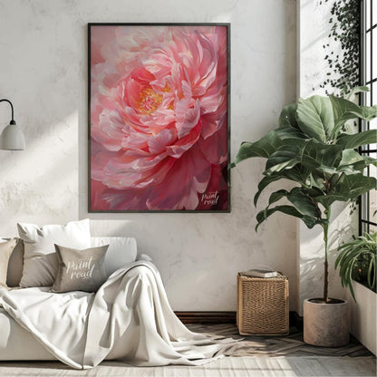 This close-up painting captures the delicate beauty of a blooming peony, bathed in a soft, diffused… for living room
