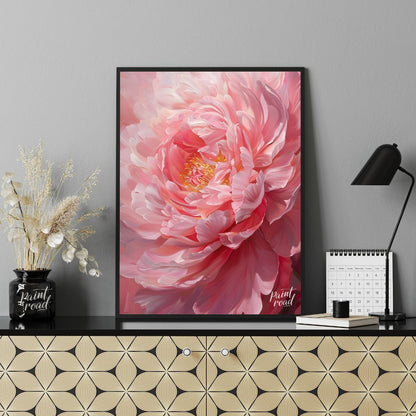 This close-up painting captures the delicate beauty of a blooming peony, bathed in a soft, diffused… for office