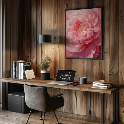 This close-up painting captures the delicate beauty of a blooming peony, bathed in a soft, diffused… for office