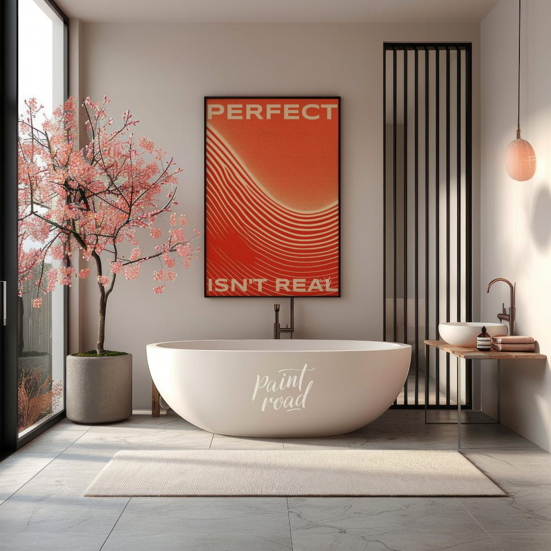This minimalist yet impactful graphic art poster delivers a powerful message: “PERFECT ISN’T REAL.”… for bathroom