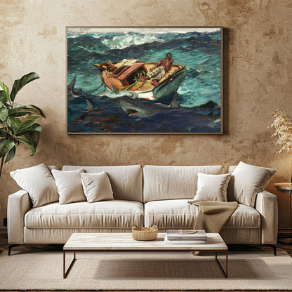 Immerse yourself in 'Perilous Seas,' a captivating masterpiece that captures a lone fisherman for Family Room