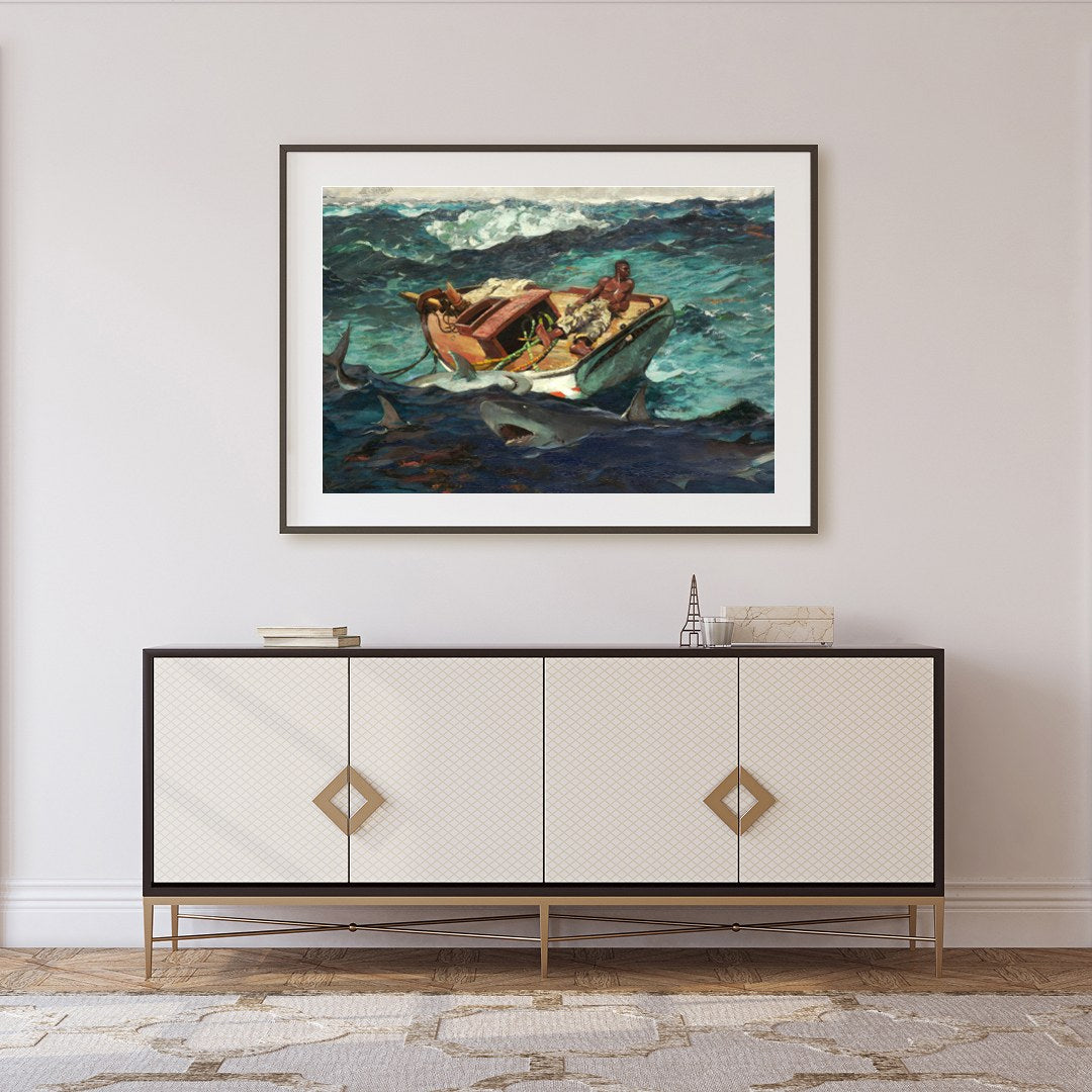 Immerse yourself in 'Perilous Seas,' a captivating masterpiece that captures a lone fisherman for Foyer