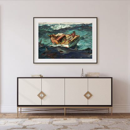 Immerse yourself in 'Perilous Seas,' a captivating masterpiece that captures a lone fisherman for Foyer