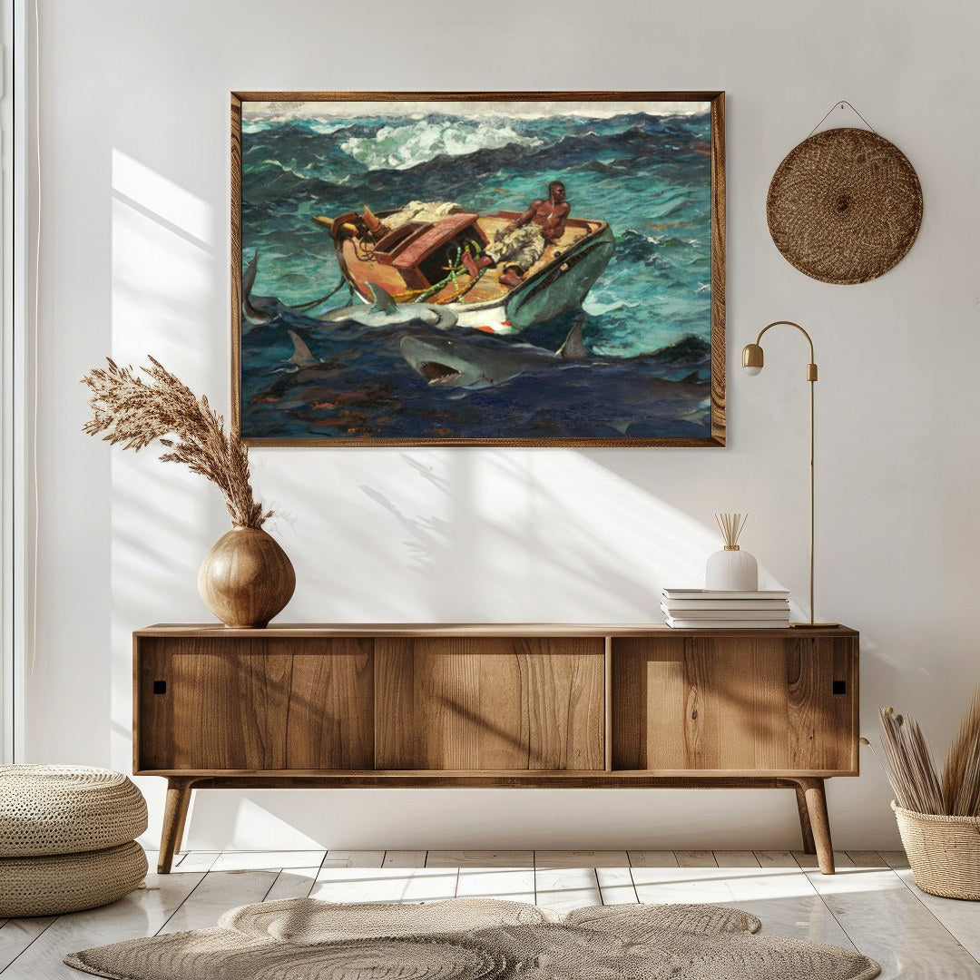Immerse yourself in 'Perilous Seas,' a captivating masterpiece that captures a lone fisherman for Sitting Area