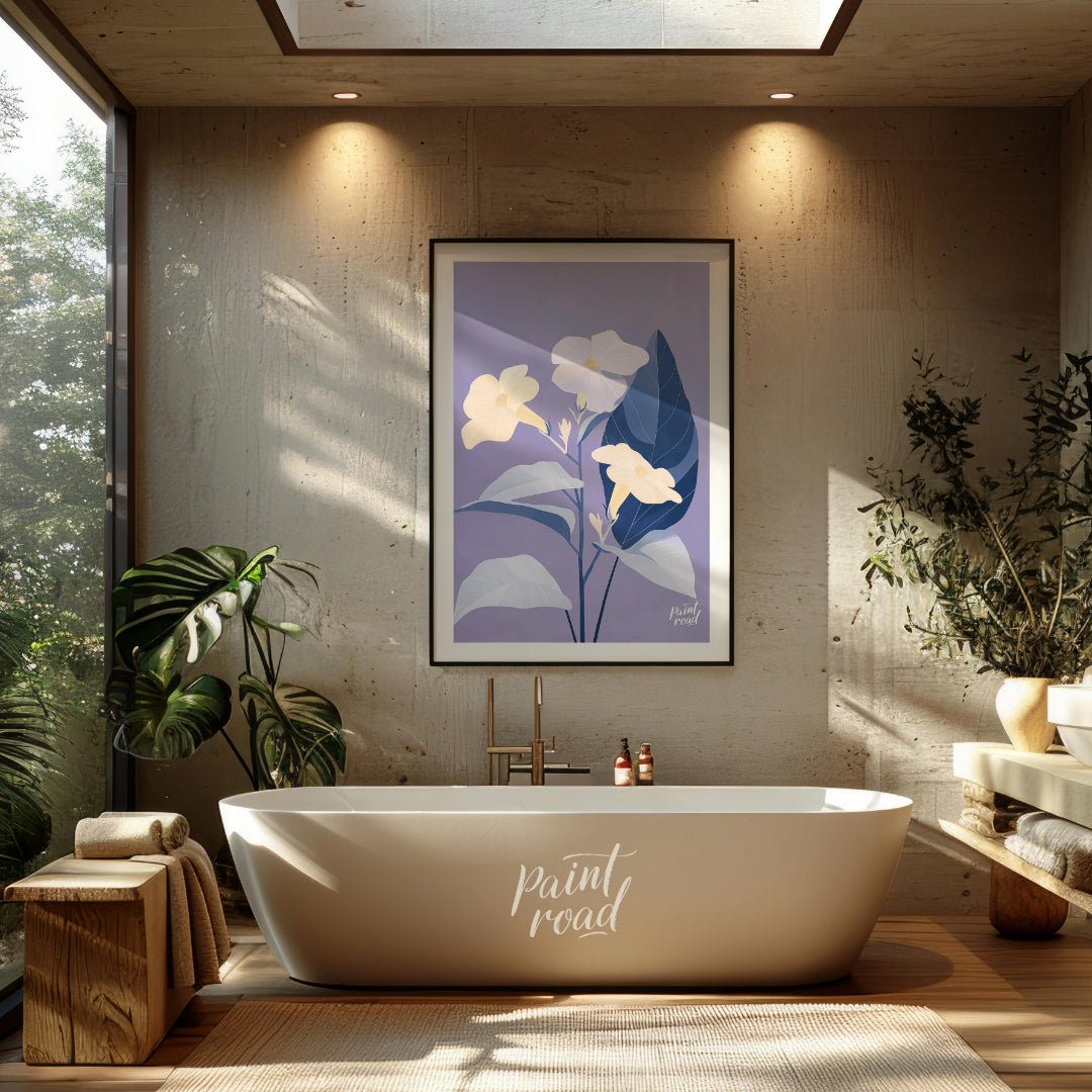 This serene digital illustration features three pale yellow flowers with delicate petals, accompani… for bathroom