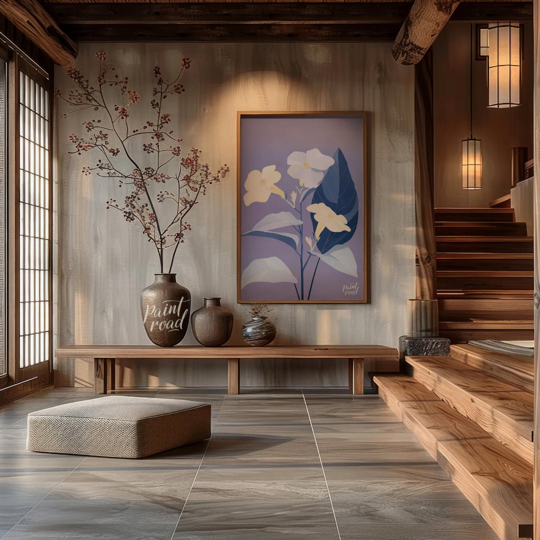 This serene digital illustration features three pale yellow flowers with delicate petals, accompani… for entryway