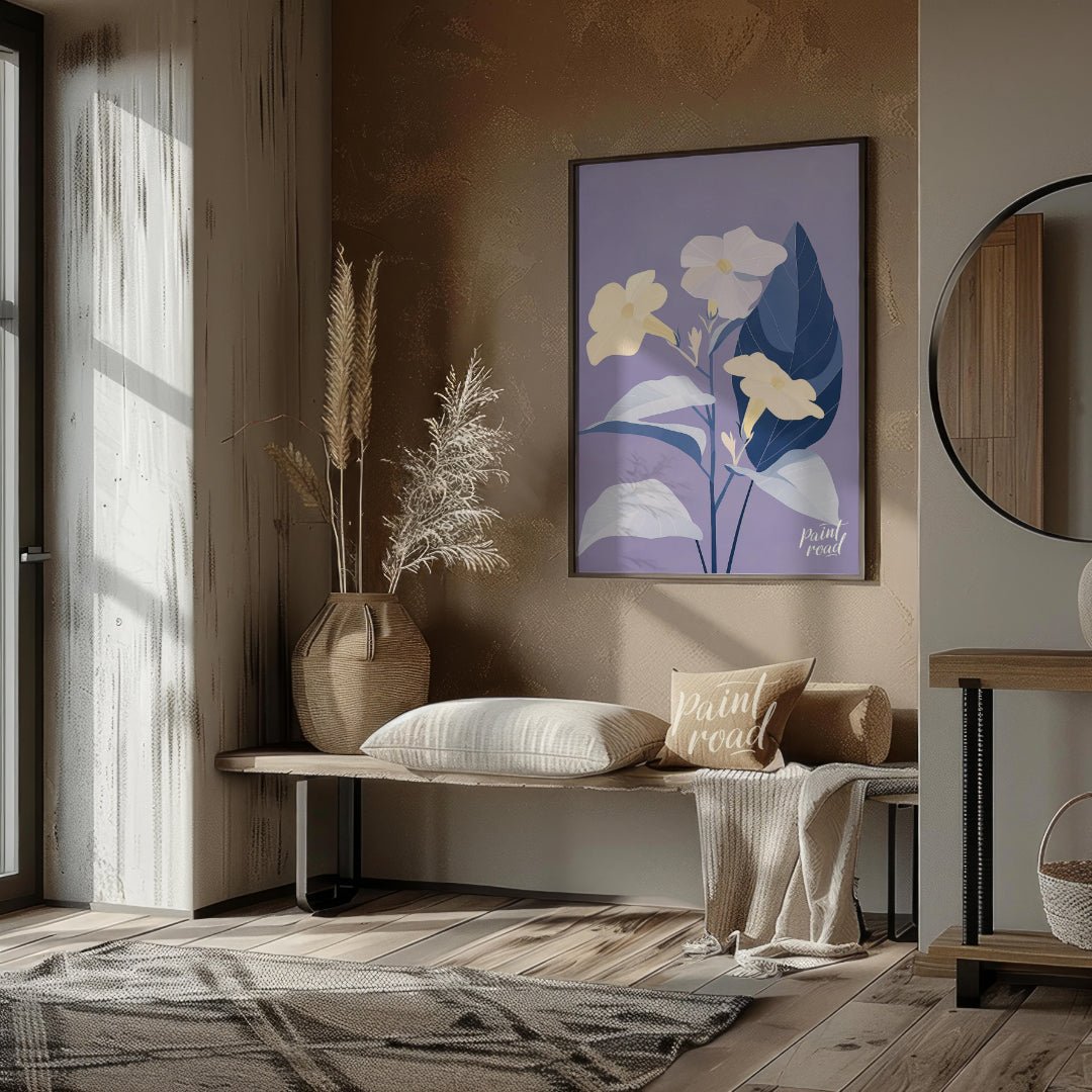 This serene digital illustration features three pale yellow flowers with delicate petals, accompani… for entryway