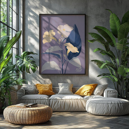This serene digital illustration features three pale yellow flowers with delicate petals, accompani… for living room