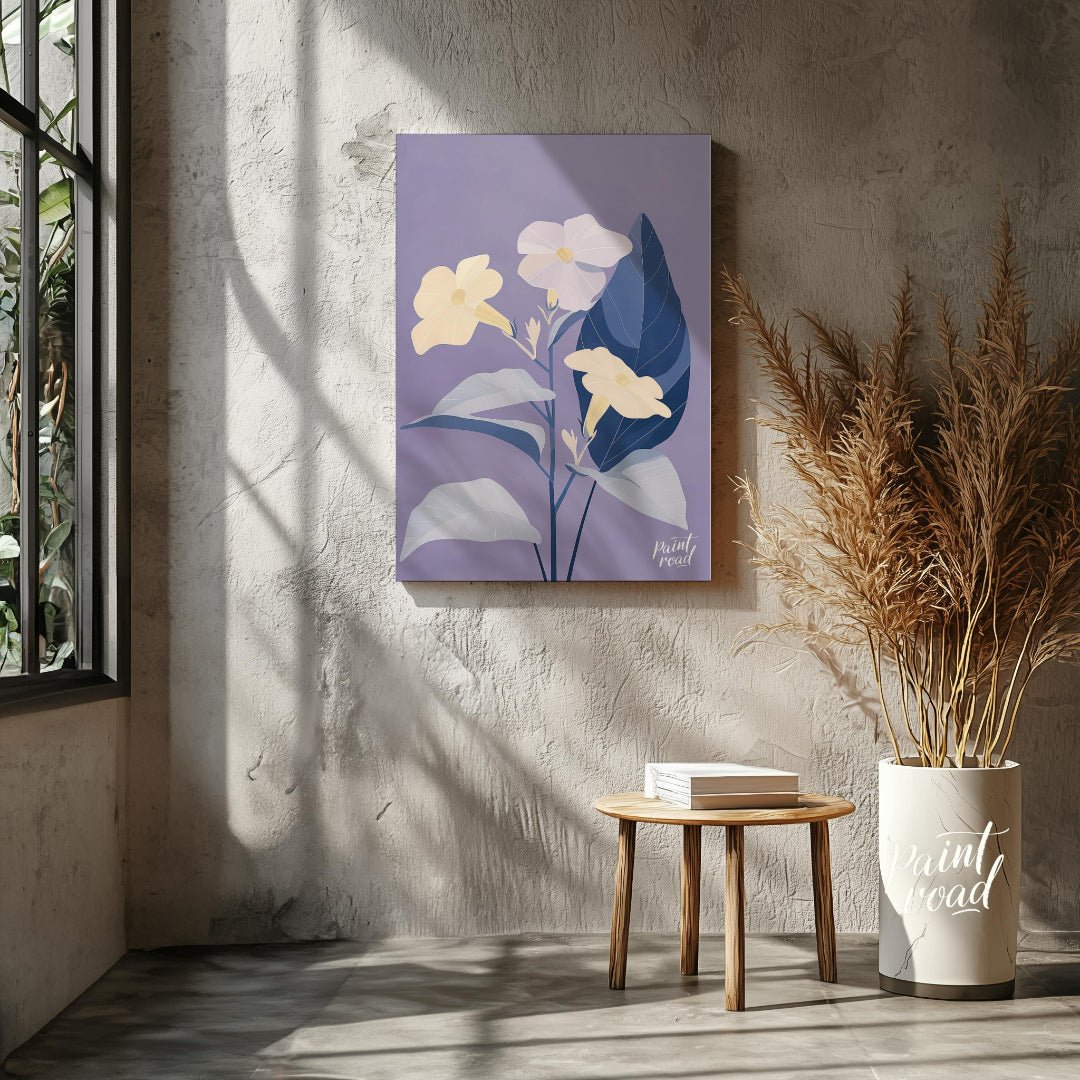 This serene digital illustration features three pale yellow flowers with delicate petals, accompani… for living room