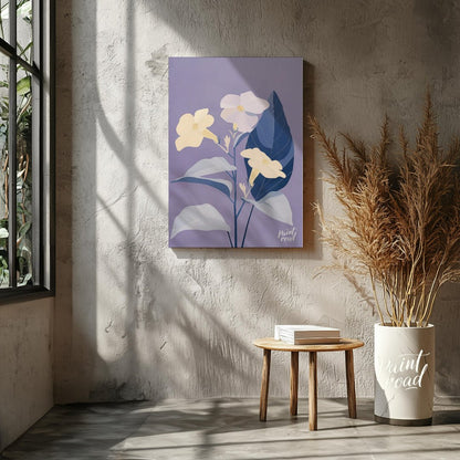 This serene digital illustration features three pale yellow flowers with delicate petals, accompani… for living room