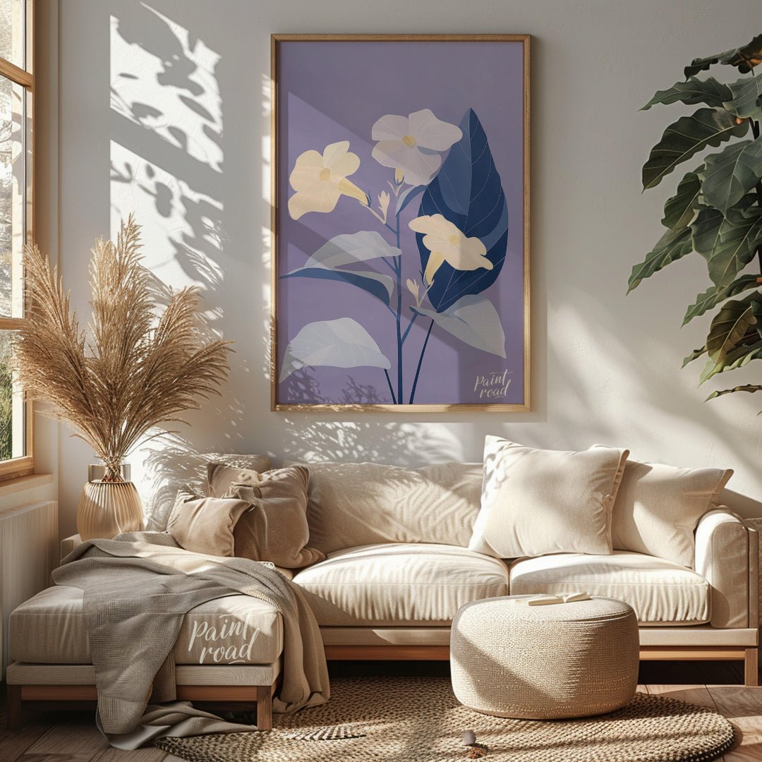 This serene digital illustration features three pale yellow flowers with delicate petals, accompani… for living room