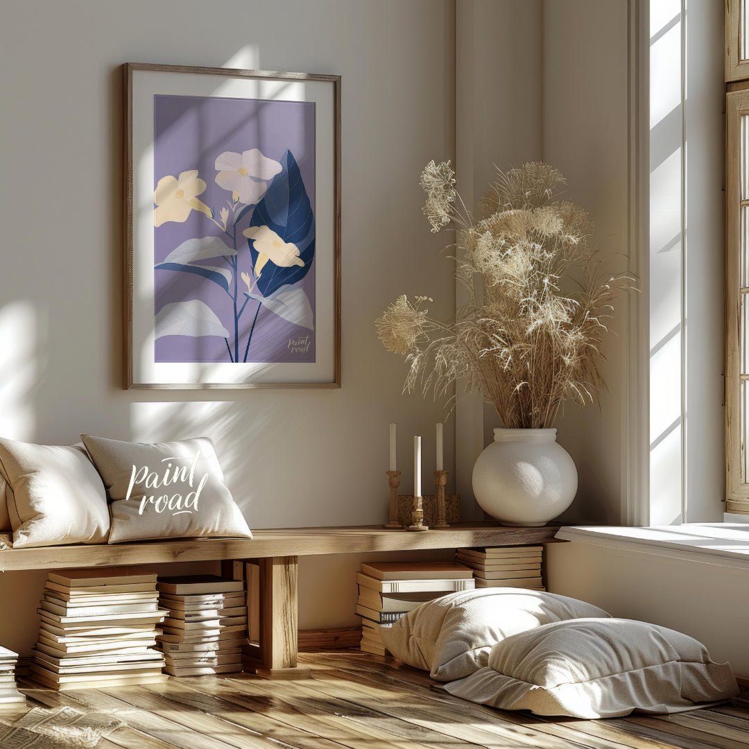 This serene digital illustration features three pale yellow flowers with delicate petals, accompani… for living room