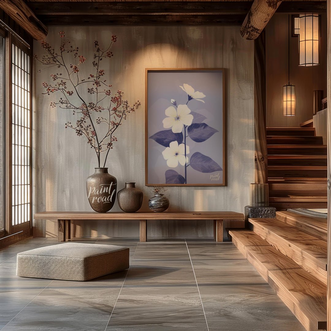 This elegant digital illustration features three white flowers with delicate petals and subtle ligh… for entryway