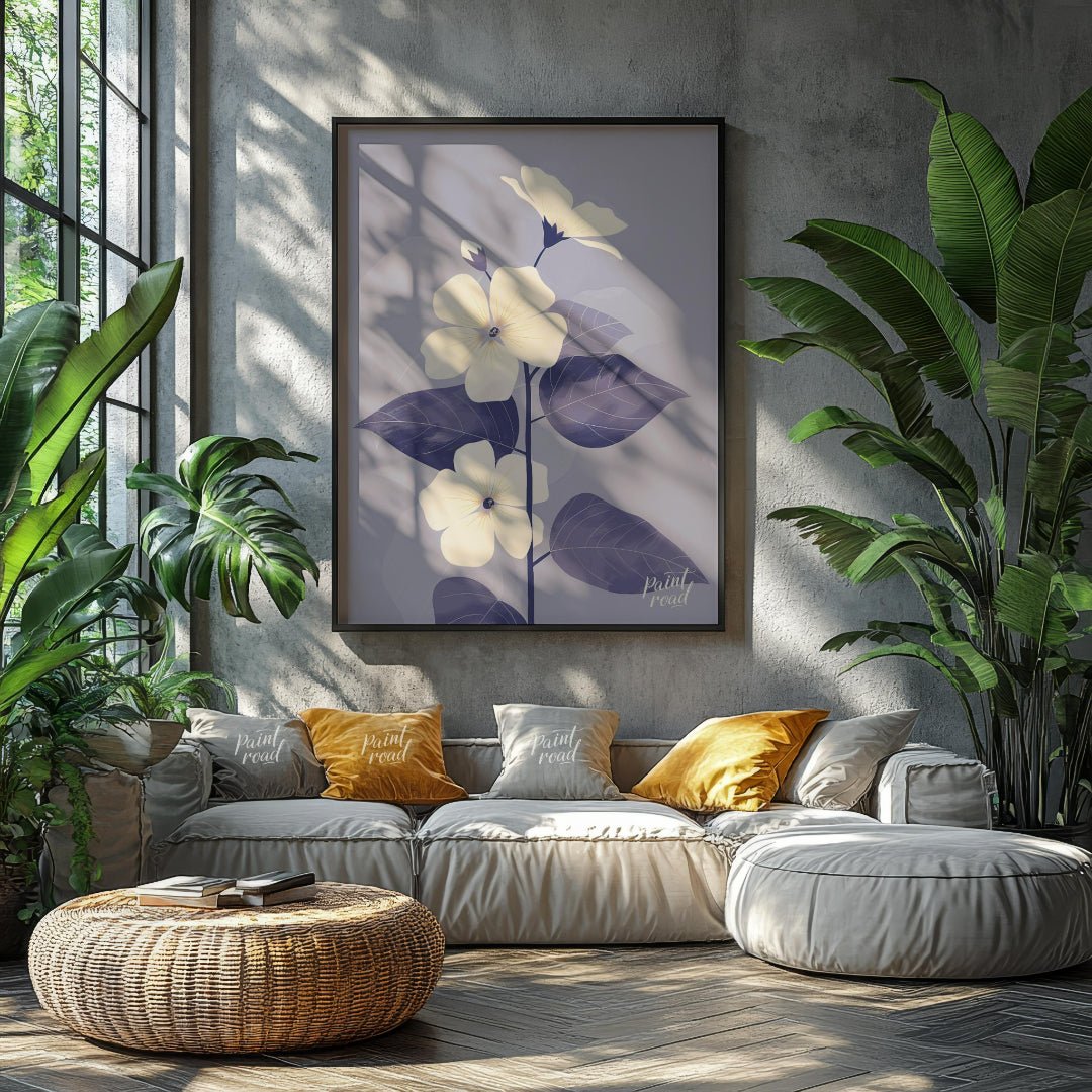 This elegant digital illustration features three white flowers with delicate petals and subtle ligh… for living room