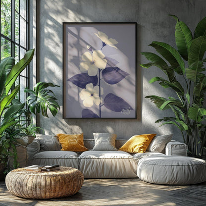 This elegant digital illustration features three white flowers with delicate petals and subtle ligh… for living room