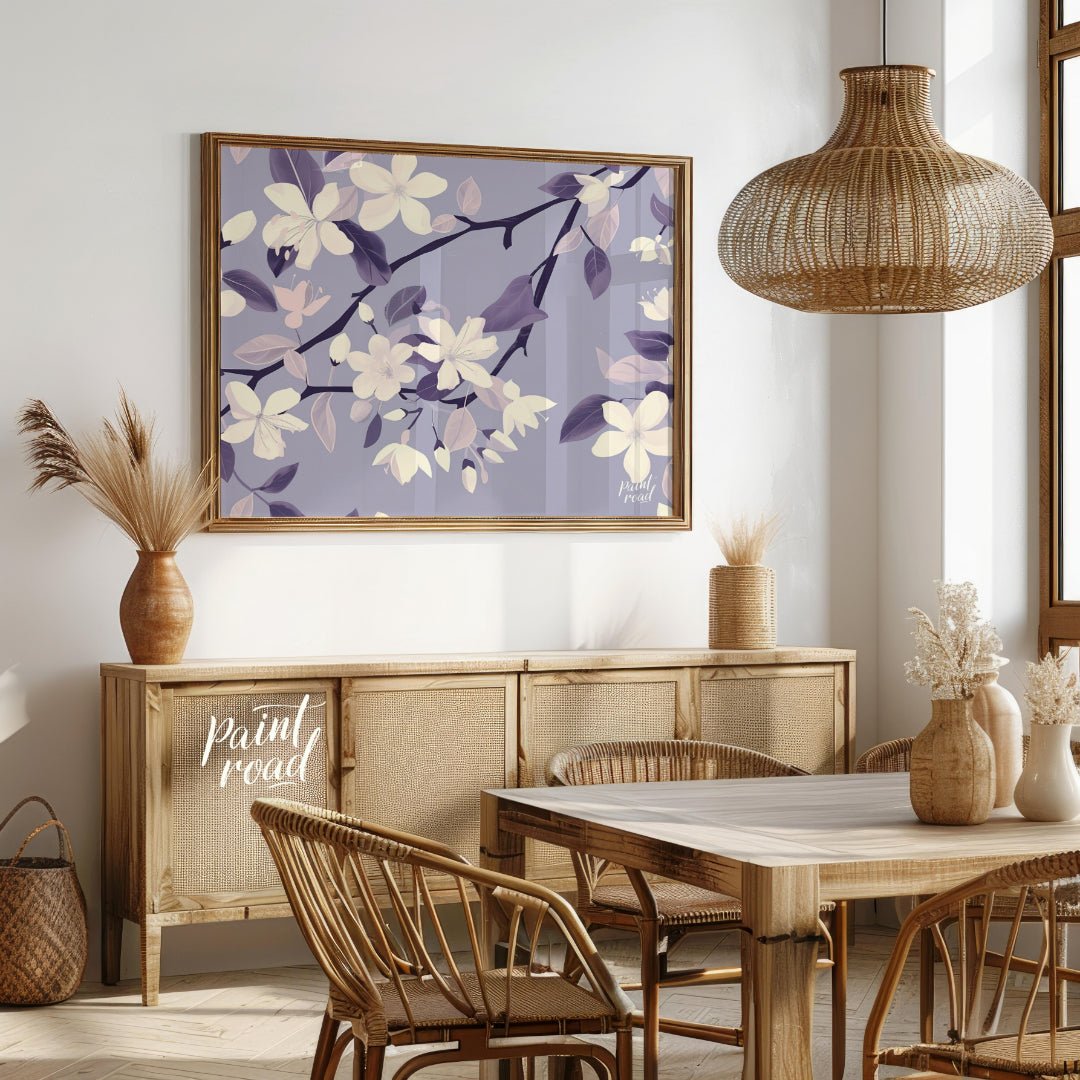 This serene digital pattern features white flowers with delicate petals, accompanied by leaves and … for dining room