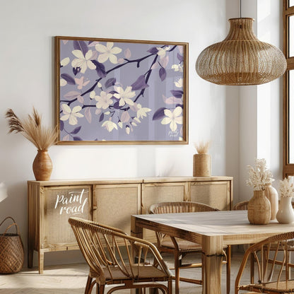 This serene digital pattern features white flowers with delicate petals, accompanied by leaves and … for dining room