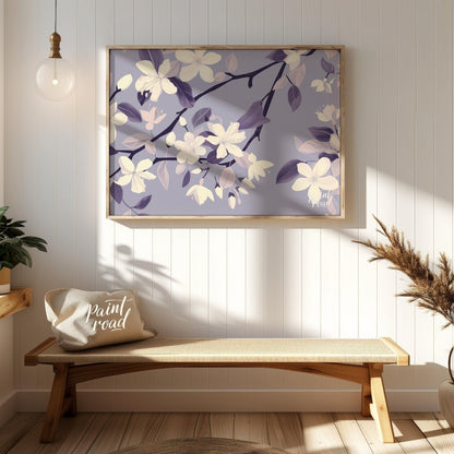 This serene digital pattern features white flowers with delicate petals, accompanied by leaves and … for entryway