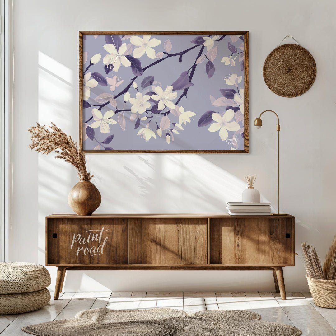 This serene digital pattern features white flowers with delicate petals, accompanied by leaves and … for living room