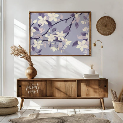 This serene digital pattern features white flowers with delicate petals, accompanied by leaves and … for living room