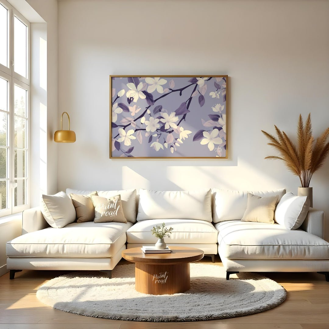This serene digital pattern features white flowers with delicate petals, accompanied by leaves and … for living room
