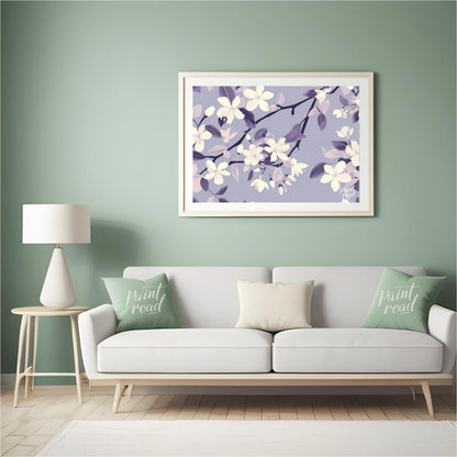 This serene digital pattern features white flowers with delicate petals, accompanied by leaves and … for living room