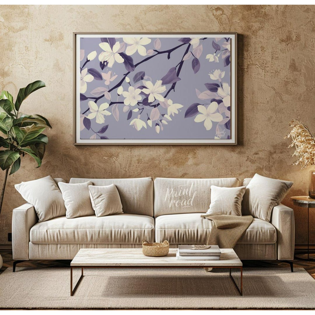 This serene digital pattern features white flowers with delicate petals, accompanied by leaves and … for living room
