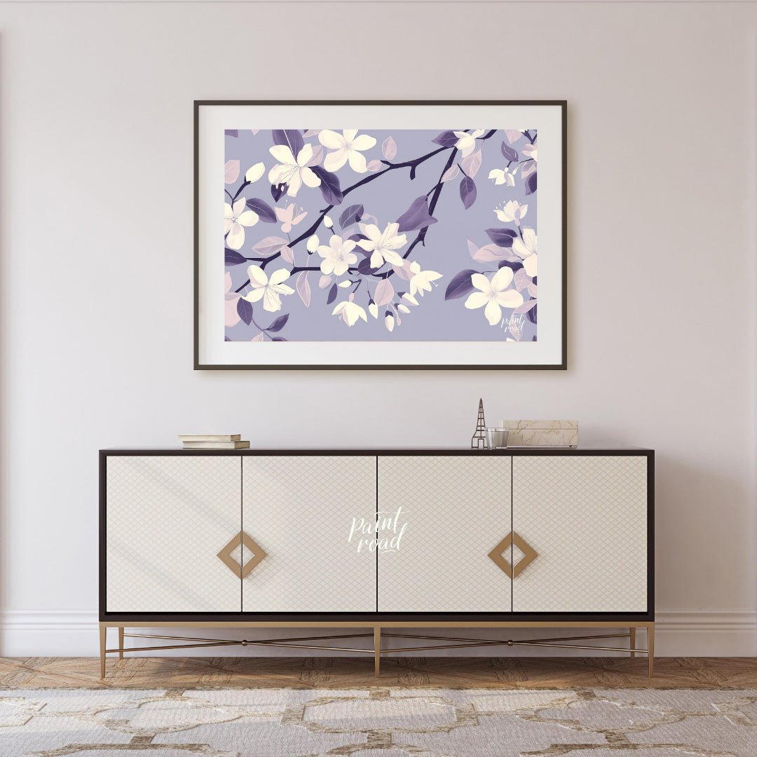 This serene digital pattern features white flowers with delicate petals, accompanied by leaves and … for living room