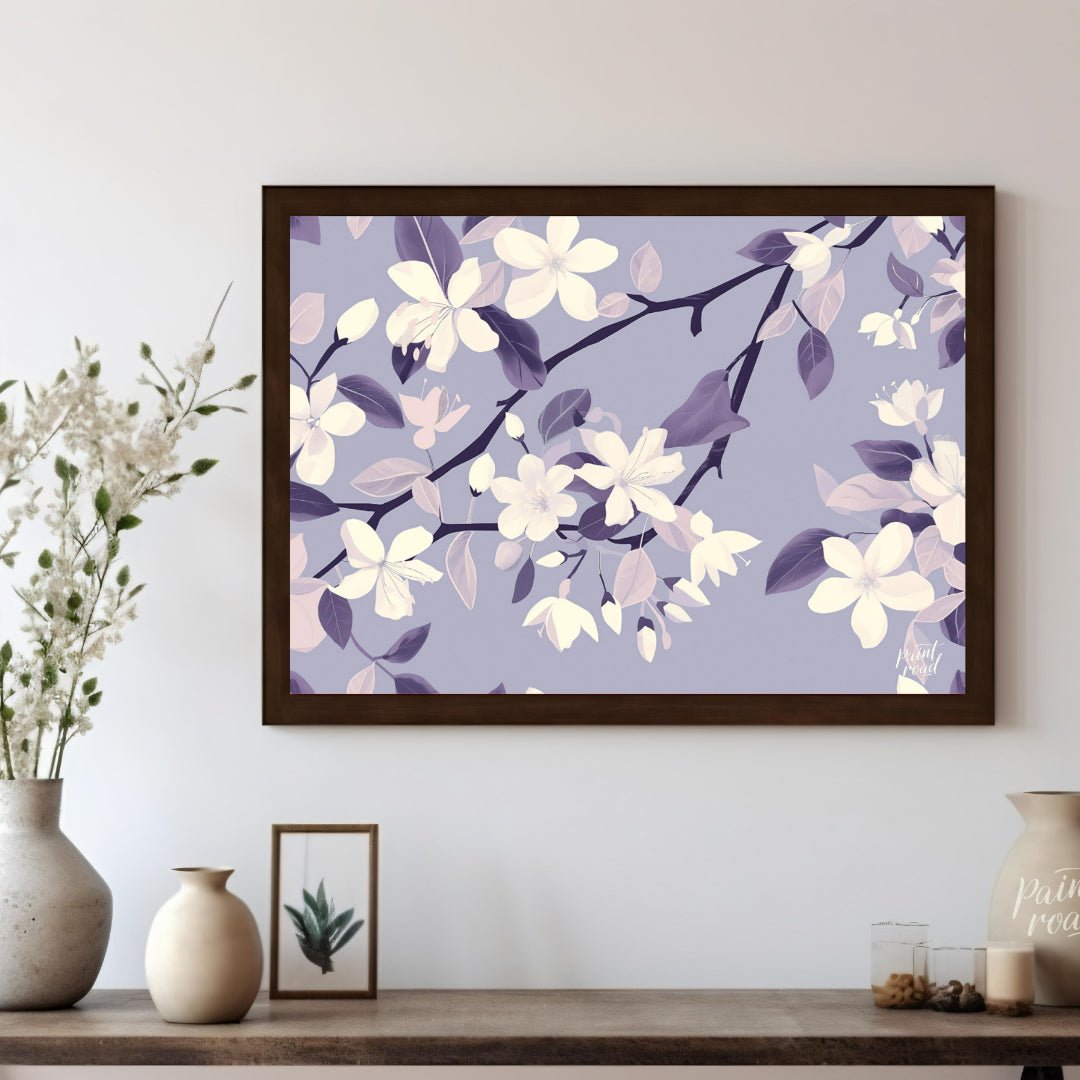 This serene digital pattern features white flowers with delicate petals, accompanied by leaves and … for living room