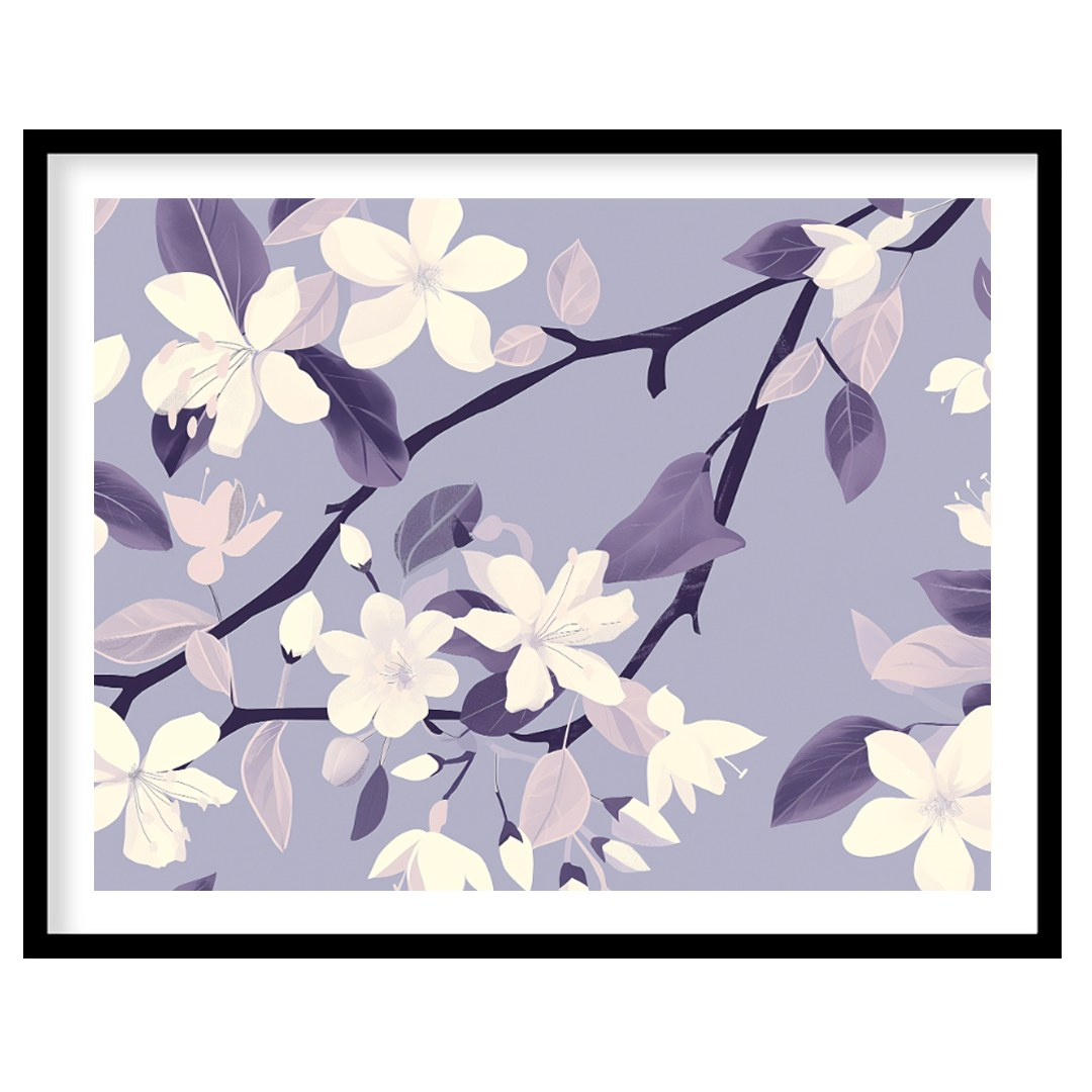 This serene digital pattern features white flowers with delicate petals, accompanied by leaves and … for lovely house