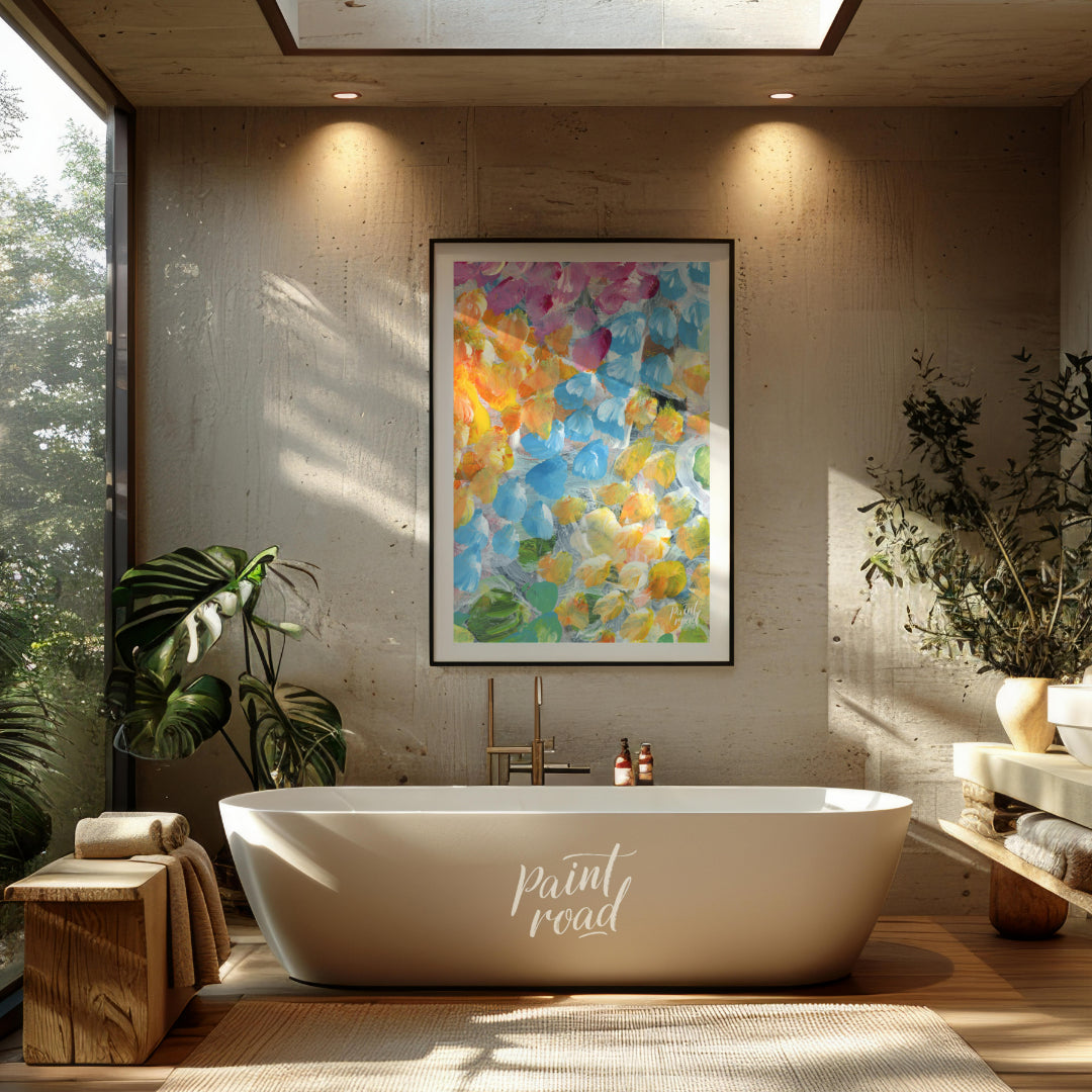 This abstract painting explodes with a vibrant array of petal-like strokes, creating a sense of dyn… for bathroom