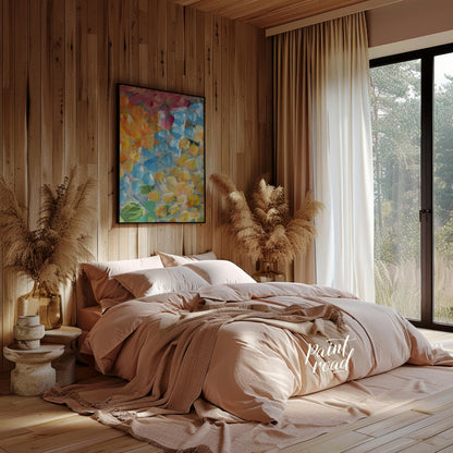 This abstract painting explodes with a vibrant array of petal-like strokes, creating a sense of dyn… for bedroom